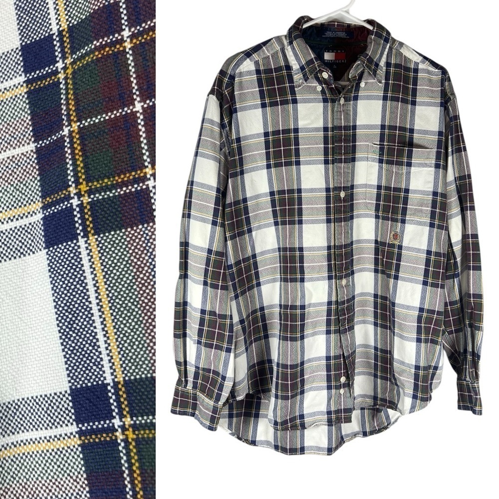 Tommy Hilfiger Plaid Crest Logo Button Down Top Large
